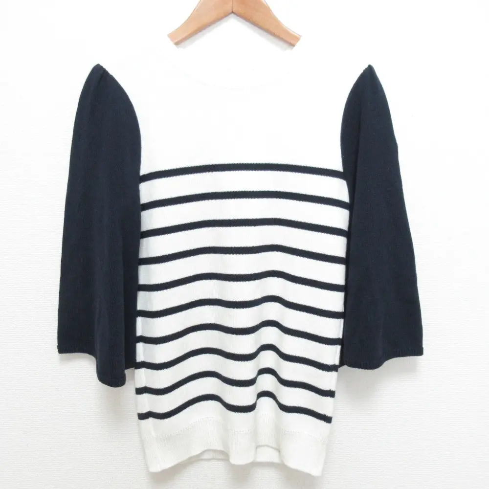 22SS BORDERS at BALCONY ボーダーズアットバルコニー FLARE SLEEVE TOP ニット トップス サイズ36 ホワイト×ネイビー