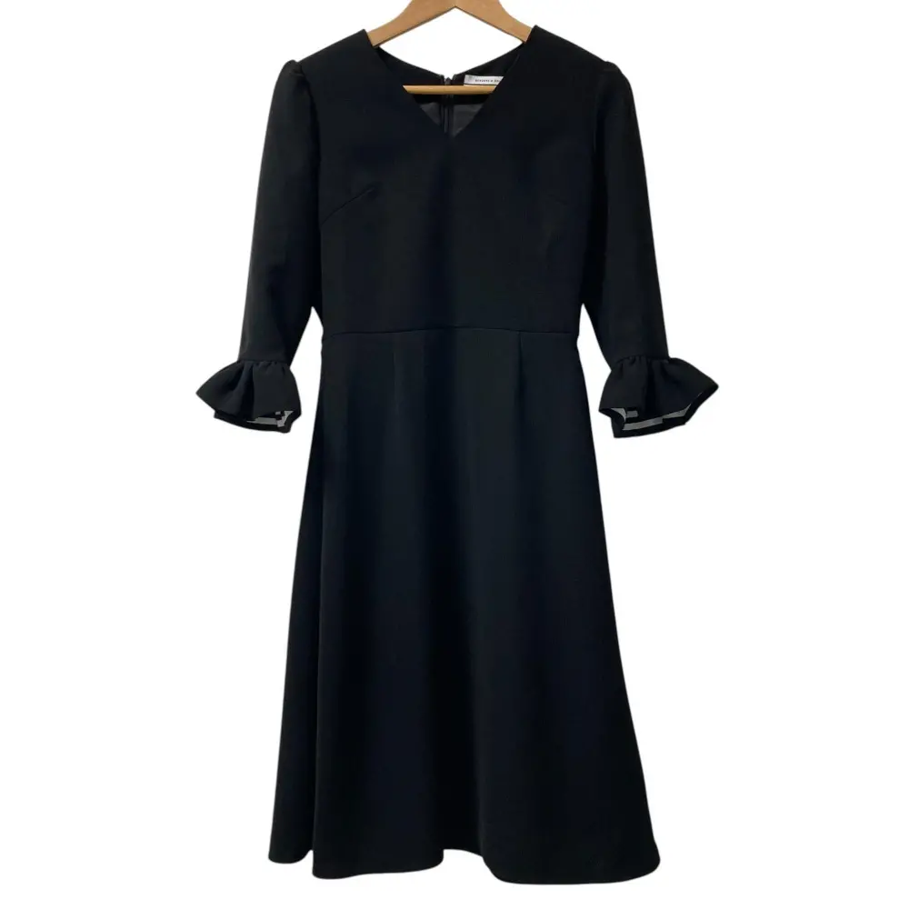 BORDERS at BALCONY ボーダーズアットバルコニー V-NECK DRESS 七分袖 ひざ丈 フレアワンピース BD2111-3E-04 36 ブラック