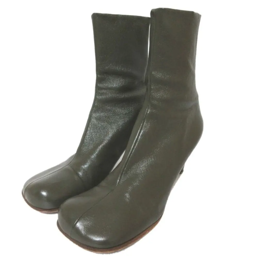 BOTTEGA VENETA ボッテガヴェネタ レザー バックジップアップ ハイヒール ブロックアンクルブーツ 38サイズ 25cm相当 カーキ系