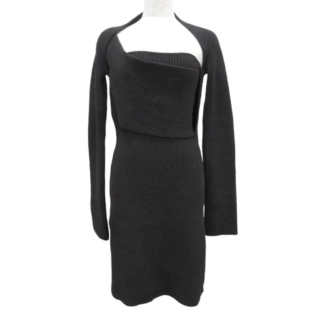 20SS BOTTEGA VENETA ボッテガヴェネタ 長袖 ひざ丈 シルク×ナイロン リブニット ワンピース ドレス 40 ブラウン