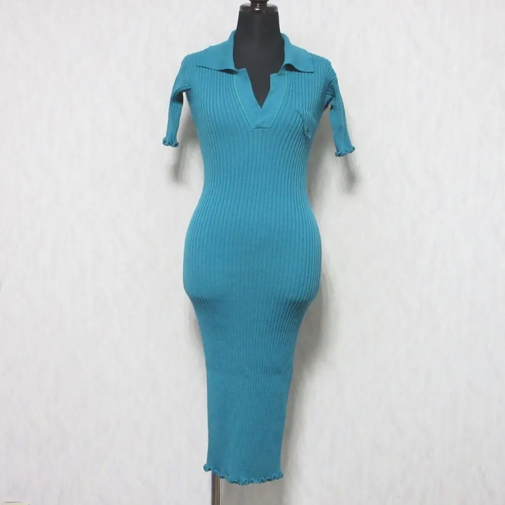 BOTTEGA VENETA ボッテガヴェネタ 2020年モデル ハートボタン 半袖 ひざ上丈 リブニットドレス ワンピース XS ターコイズブルー