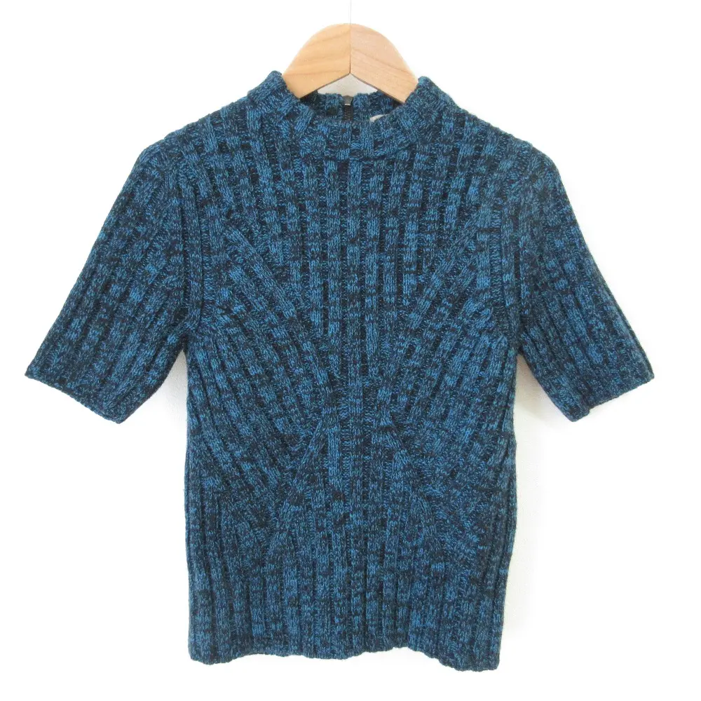 BOTTEGA VENETA ボッテガヴェネタ ラメ糸 クルーネック バックジップ ウール ショートスリーブ ニットセーター 38 ブルー