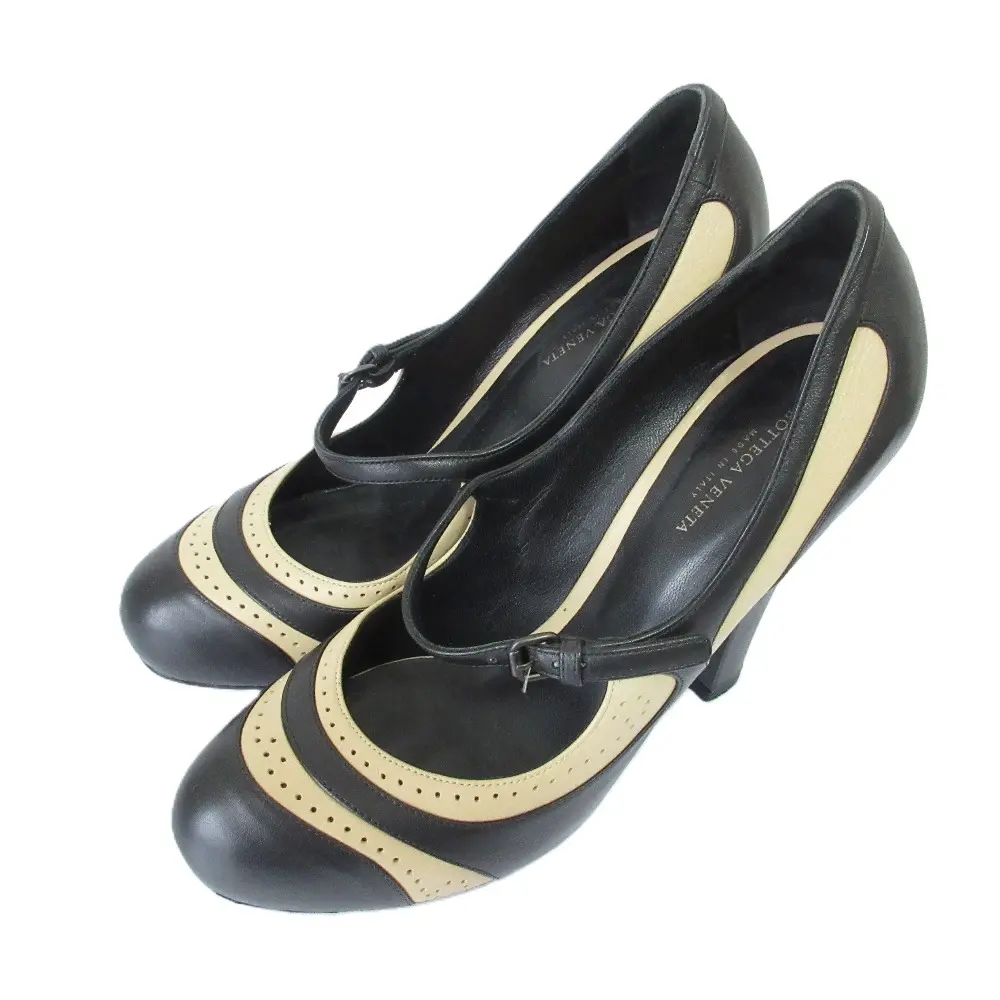 BOTTEGA VENETA ボッテガヴェネタ バイカラー パンチング ストラップパンプス サイズ37.5 約24cm ブラック ベージュ