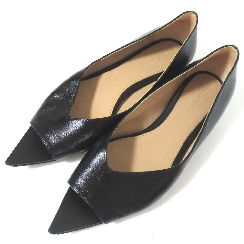 BOTTEGA VENETA ボッテガヴェネタ レザー オープントゥ フラット パンプス サイズ39 約26cm ブラック