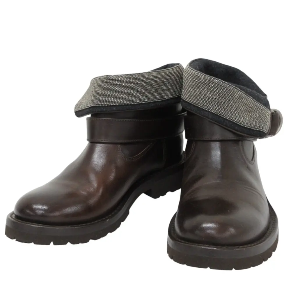 Brunello Cucinelli ブルネロクチネリ モニーレ付き レザー ベルト ショートブーツ 36.5 23.5cm相当 ブラウン