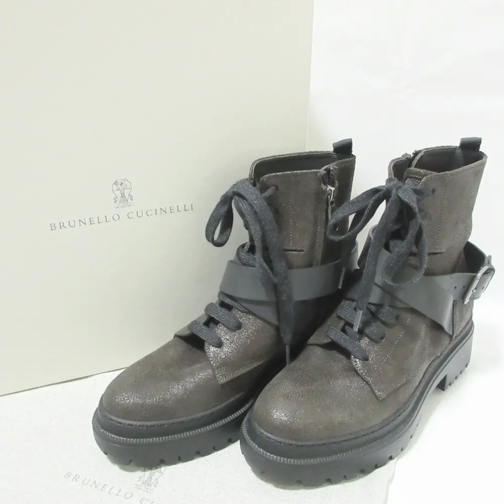 Brunello Cucinelli ブルネロクチネリ モニーレ ラメ レースアップ レザー ショートブーツ 37 約23.5cm ブラウン