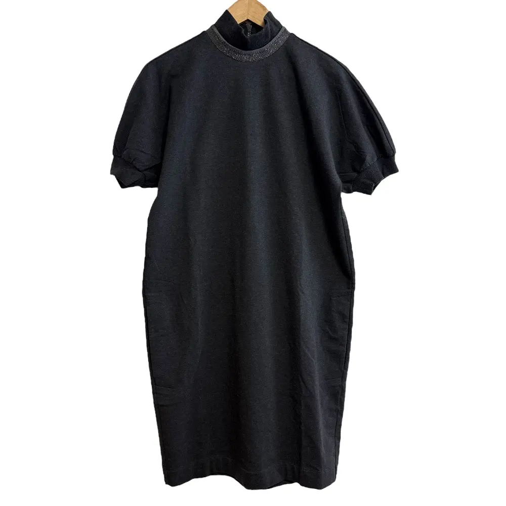 BRUNELLO CUCINELLI ブルネロクチネリ モニーレ装飾 半袖 ストレッチ ハイネック ひざ丈 ワンピース M チャコールグレー