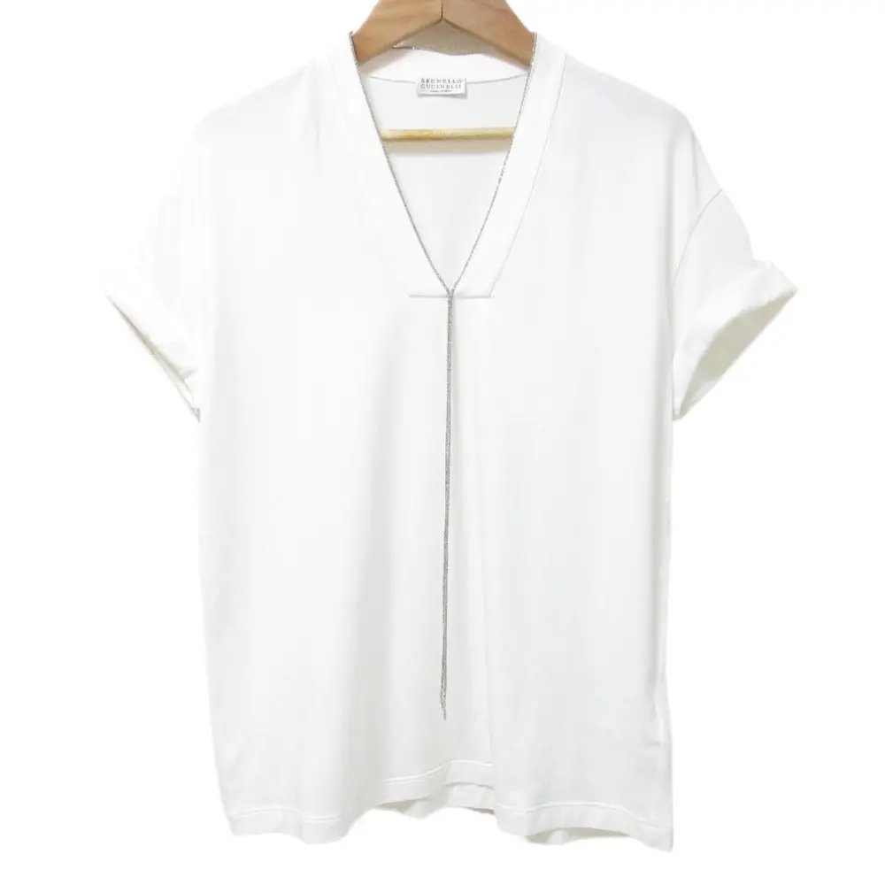BRUNELLO CUCINELLI ブルネロクチネリ モニーレ装飾 Vネック 半袖 Tシャツ カットソー XS ホワイト