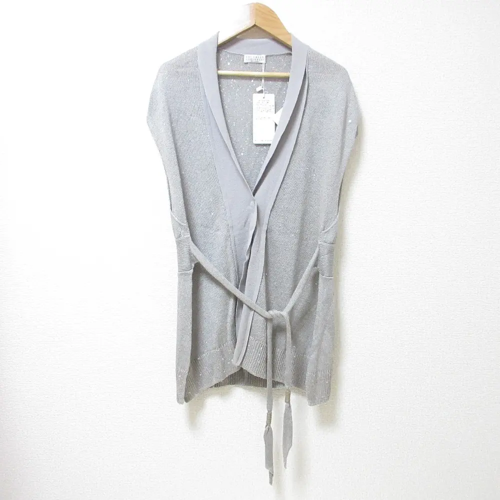 BRUNELLO CUCINELLI ブルネロクチネリ スパンコール リネンシルク サイドスリット ニット ベスト ジレ S グレー