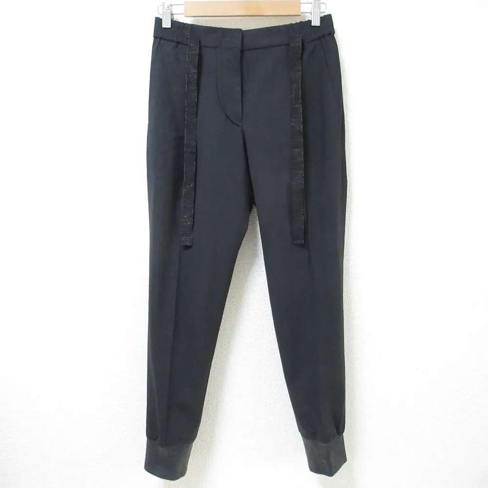 BRUNELLO CUCINELLI ブルネロクチネリ ラメリボン センタープレス イージーウエスト 裾リブ テーパードパンツ 38 ブラック