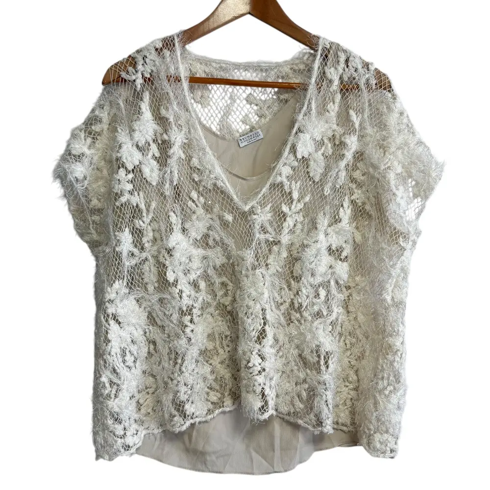 BRUNELLO CUCINELLI ブルネロクチネリ フレンチスリーブ シルク スパンコール クロシェ レイヤード レースブラウス S オフホワイト