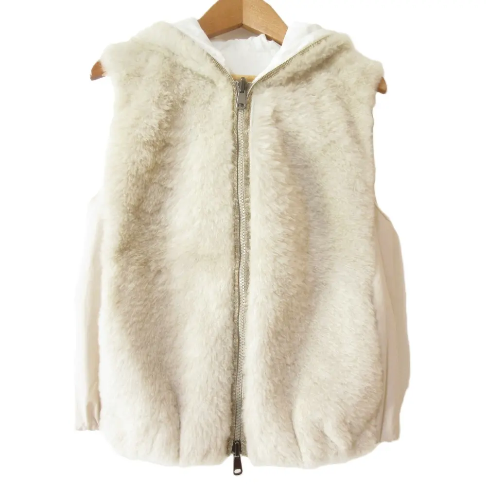 BRUNELLO CUCINELLI ブルネロクチネリ カシミヤゴートファー フーデッド リバーシブルムートンベスト 36 ベージュ ホワイト