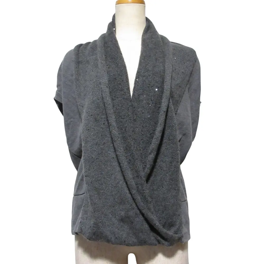 Brunello Cucinelli ブルネロクチネリ スパンコール カシミヤ ニット スウェット切替 ショールカラー カットソー M グレー