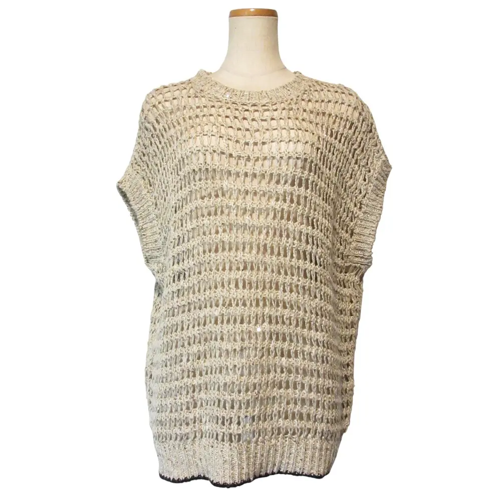 23SS Brunello Cucinelli ブルネロクチネリ ノースリーブ リネン スパンコール クロシェニット M ベージュ