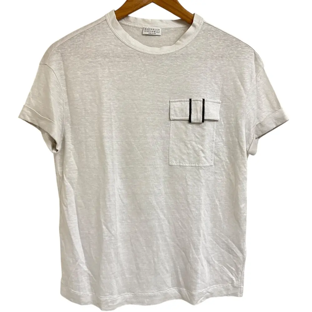 23SS BRUNELLO CUCINELLI ブルネロクチネリ リネン×シルク 半袖 モニーレ装飾ポケット Tシャツ サイズXS ライトグレー