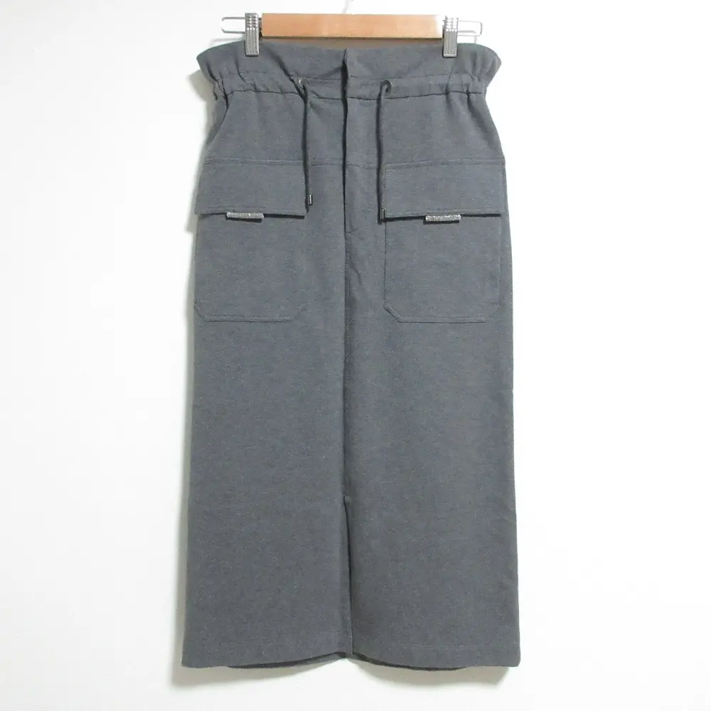 BRUNELLO CUCINELLI ブルネロクチネリ モニーレ装飾 フラップポケット フロントスリット ストレッチスカート Sサイズ グレー