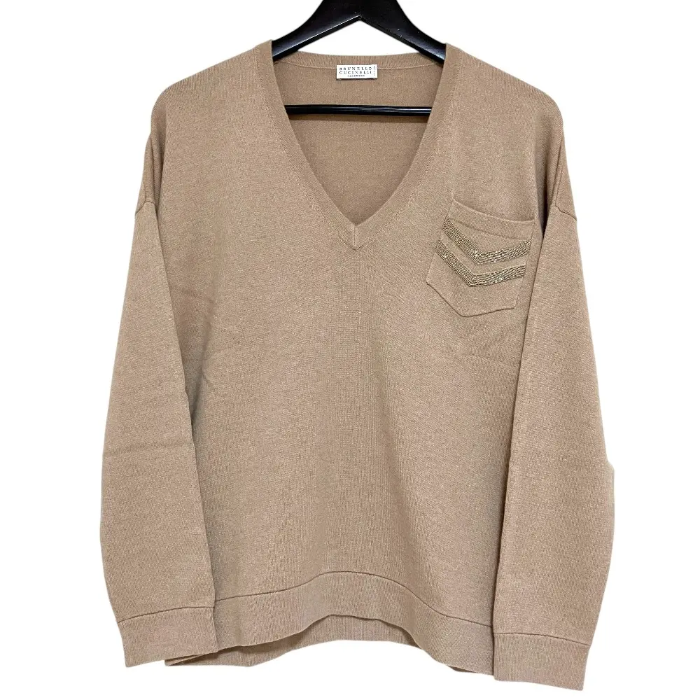 BRUNELLO CUCINELLI ブルネロクチネリ カシミヤ ニット Vネック モニーレ装飾 長袖 ニット セーター Mサイズ ベージュ