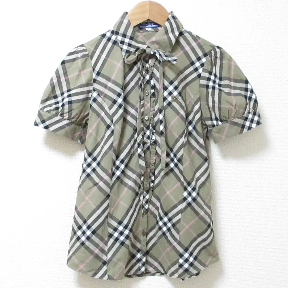 BURBERRY BLUELABEL バーバリーブルーレーベル チェック フリル リボン パフスリーブ 半袖 ブラウス シャツ 38 グレージュ系