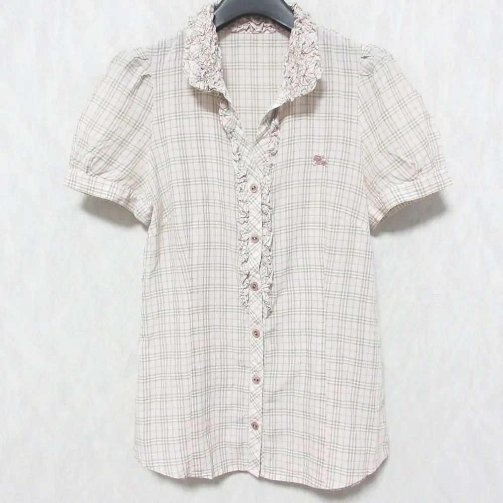 BURBERRY BLUE LABEL バーバリーブルーレーベル チェック柄 半袖 フリルカラー スキッパー ブラウス シャツ 38 ピンク系