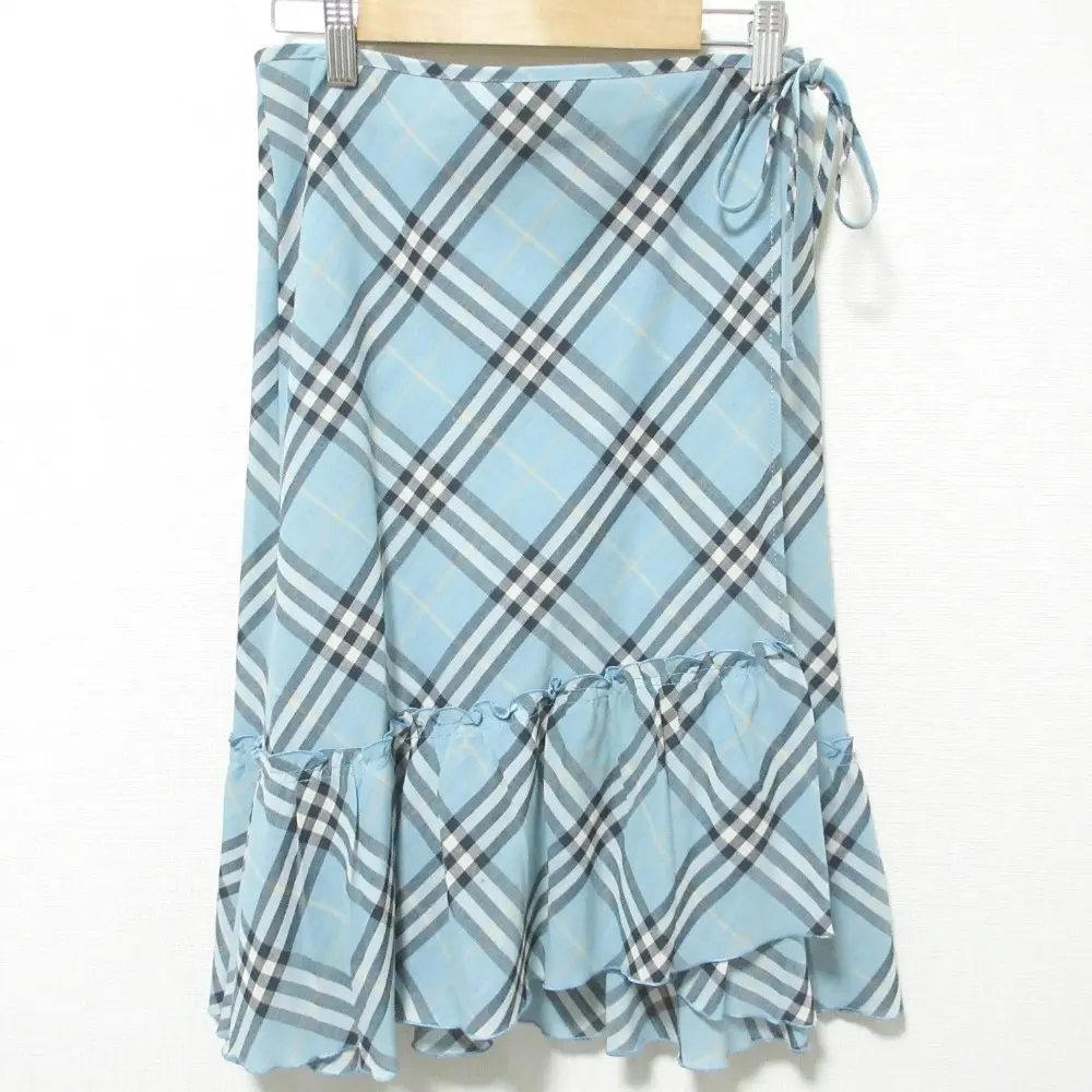 BURBERRY BLUE LABEL バーバリーブルーレーベル チェック柄 フレアヘム ひざ丈 ラップスカート 36 ライトブルー