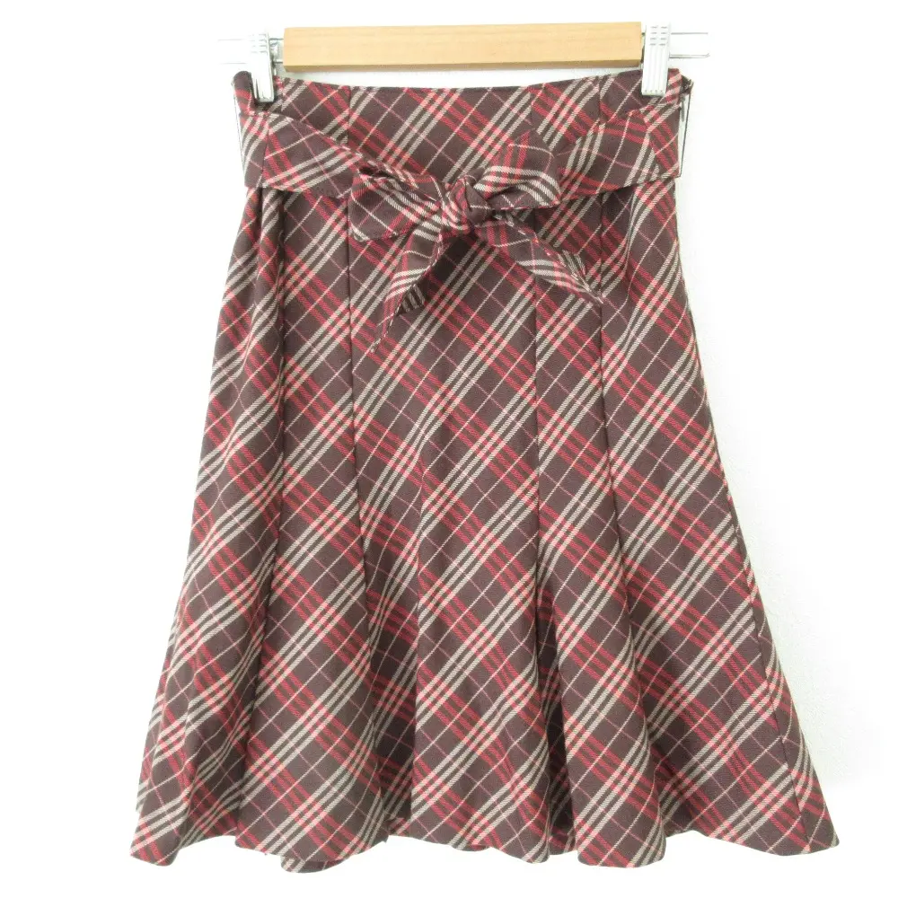 BURBERRY BLUE LABEL バーバリーブルーレーベル チェック柄 ストレッチ ひざ丈 ベルテッド フレア スカート 36 ブラウン系
