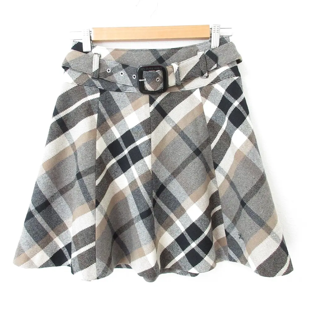BURBERRY BLUE LABEL バーバリーブルーレーベル チェック柄 ウール フレア ベルテッド ミニスカート 38 グレー系