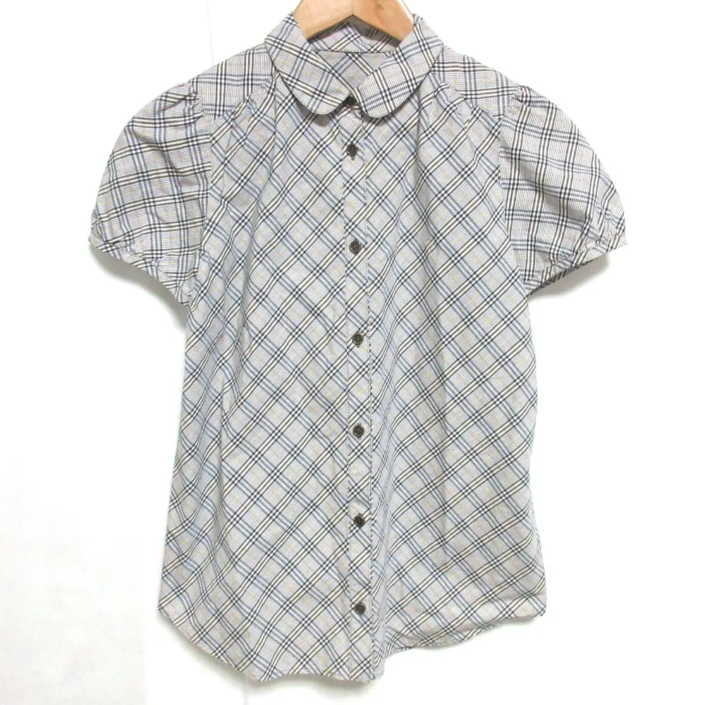 BURBERRY BLUE LABEL バーバリーブルーレーベル チェック柄 パフスリーブ 半袖 丸襟 ブラウス シャツ 38 ブルー系