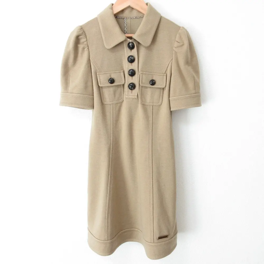 BURBERRY BLUE LABEL バーバリーブルーレーベル ストレッチ ギャザースリーブ 半袖 フレア ミニワンピース 38 ベージュ