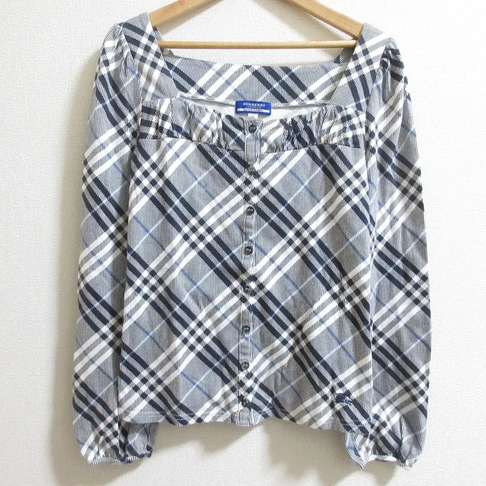 BURBERRY BLUE LABEL バーバリーブルーレーベル チェック柄 長袖 スクエアネック カットソー ブラウス サイズ38 ネイビー