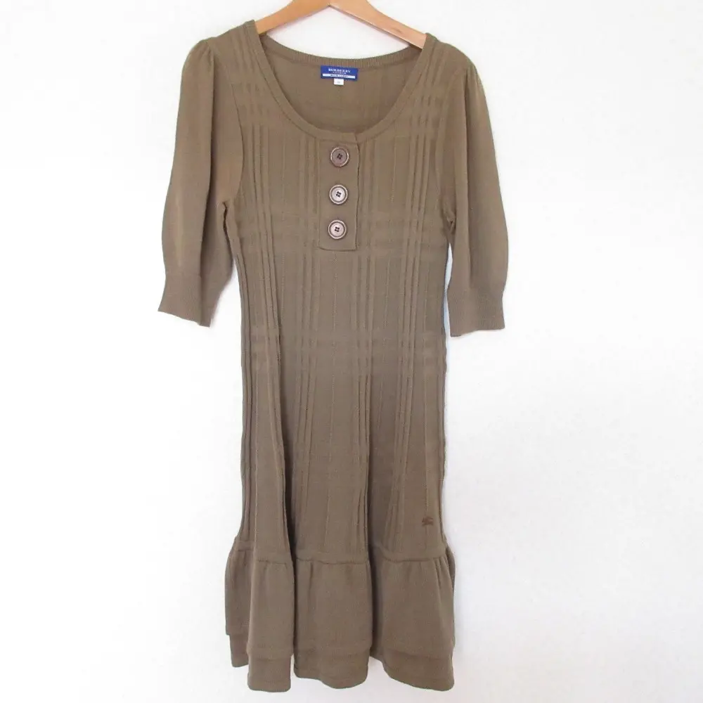 BURBERRY BLUE LABEL バーバリーブルーレーベル チェック柄 ハーフスリーブ ニットワンピース 38 ブラウン