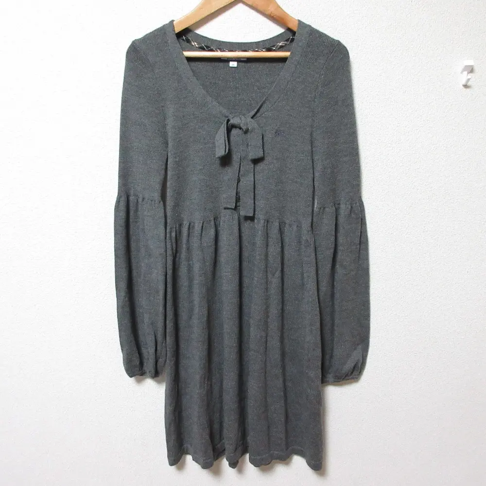 BURBERRY BLUE LABEL バーバリーブルーレーベル リボン 長袖 ギャザーフレア ミニワンピース ニットドレス 38 グレー