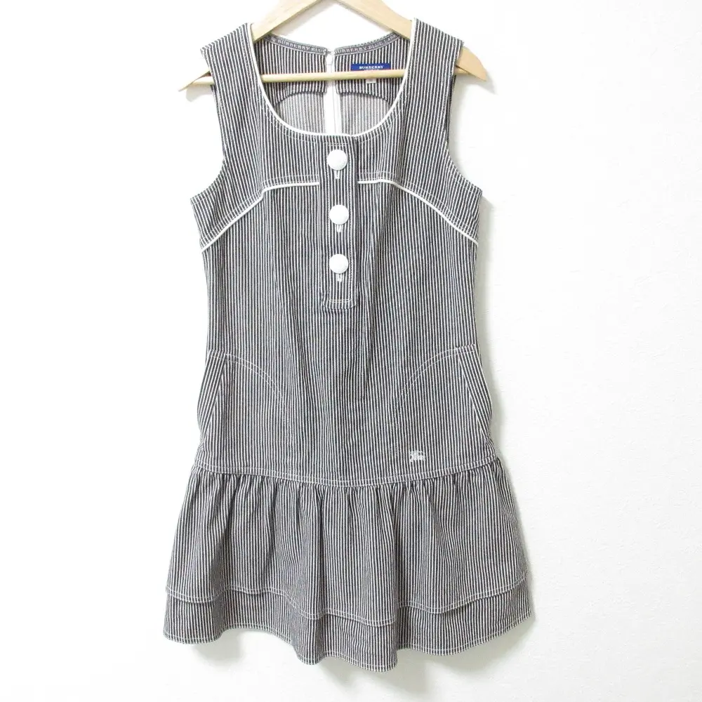 BURBERRY BLUE LABEL バーバリーブルーレーベル ストライプ ストレッチ フレア ノースリーブ ミニワンピース 38 インディゴ