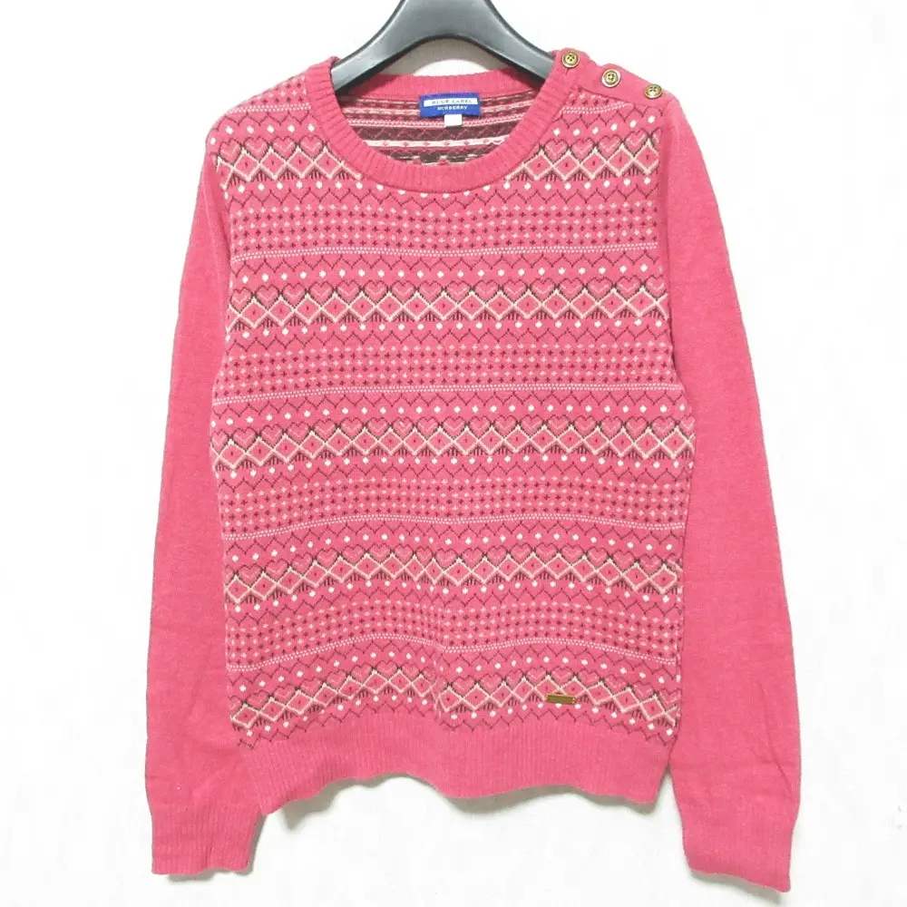 BURBERRY BLUE LABEL バーバリーブルーレーベル ハート フェアアイル柄 ニット プルオーバー セーター 38 ピンク