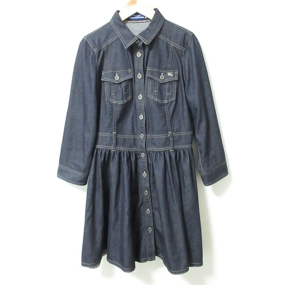 BURBERRY BLUE LABEL バーバリーブルーレーベル ストレッチ 長袖 ミニ丈 フレア デニムシャツワンピース 38 インディゴ
