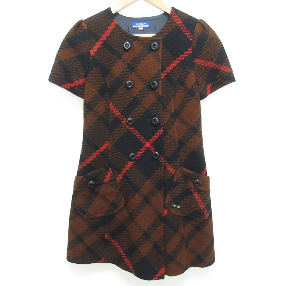 BURBERRY BLUE LABEL バーバリーブルーレーベル ウール チェック柄 ダブル ワンピース コート サイズ38 ブラウン