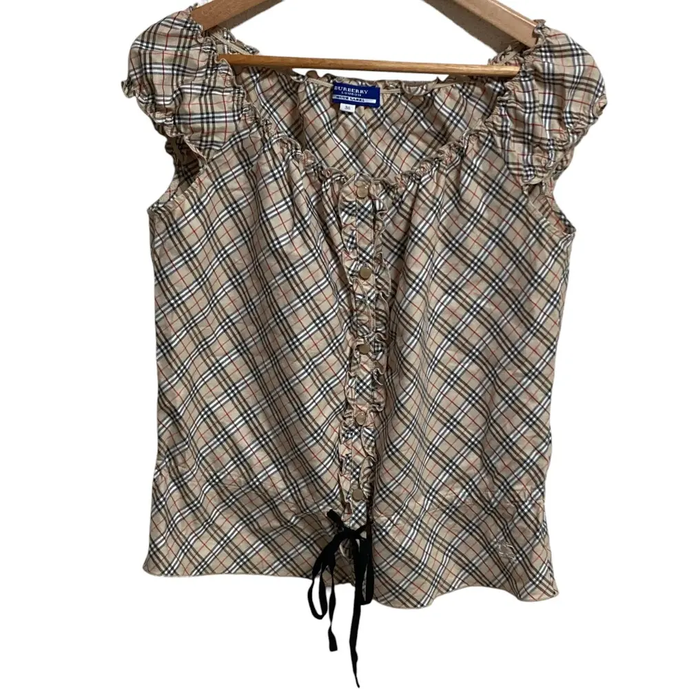希少】バーバリーブルーレーベル 水色チェック フリルブラウス 38☆激