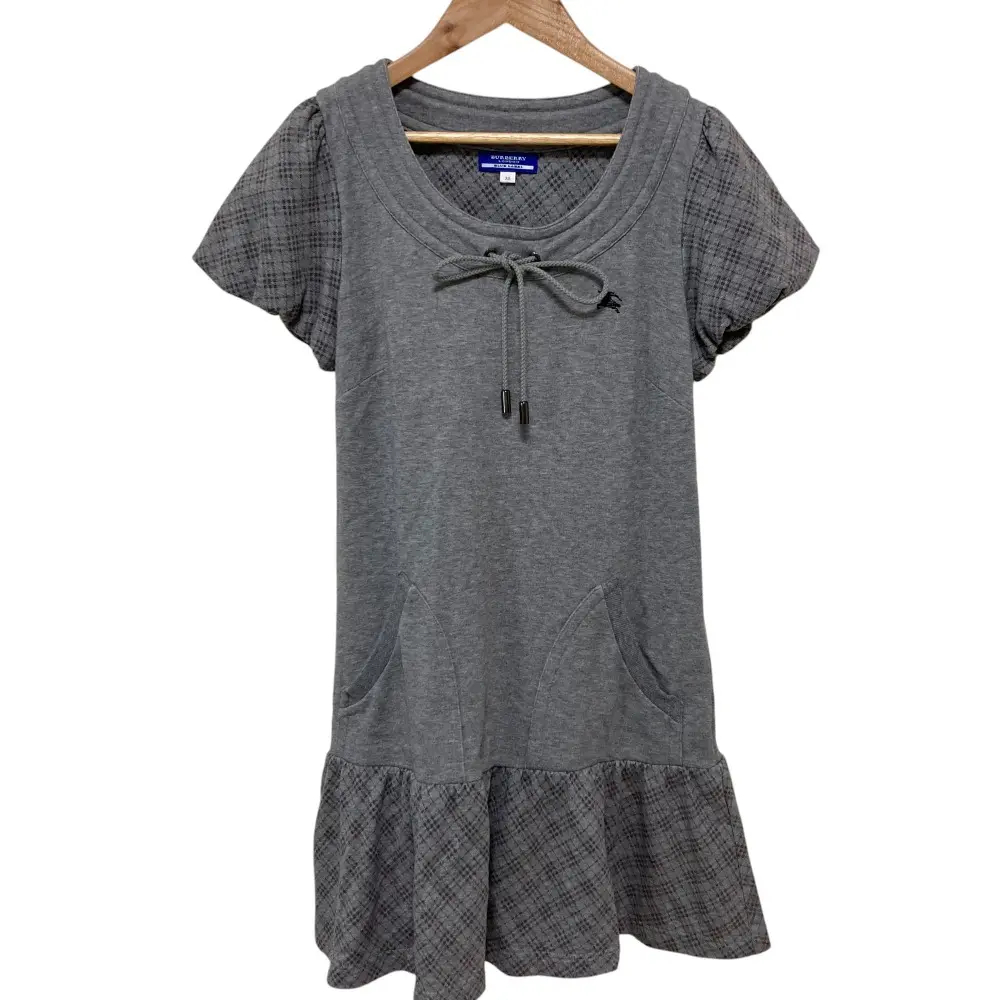 BURBERRY BLUE LABEL バーバリーブルーレーベル 半袖 チェックコンビ スウェットワンピース ミニドレス サイズ38 グレー