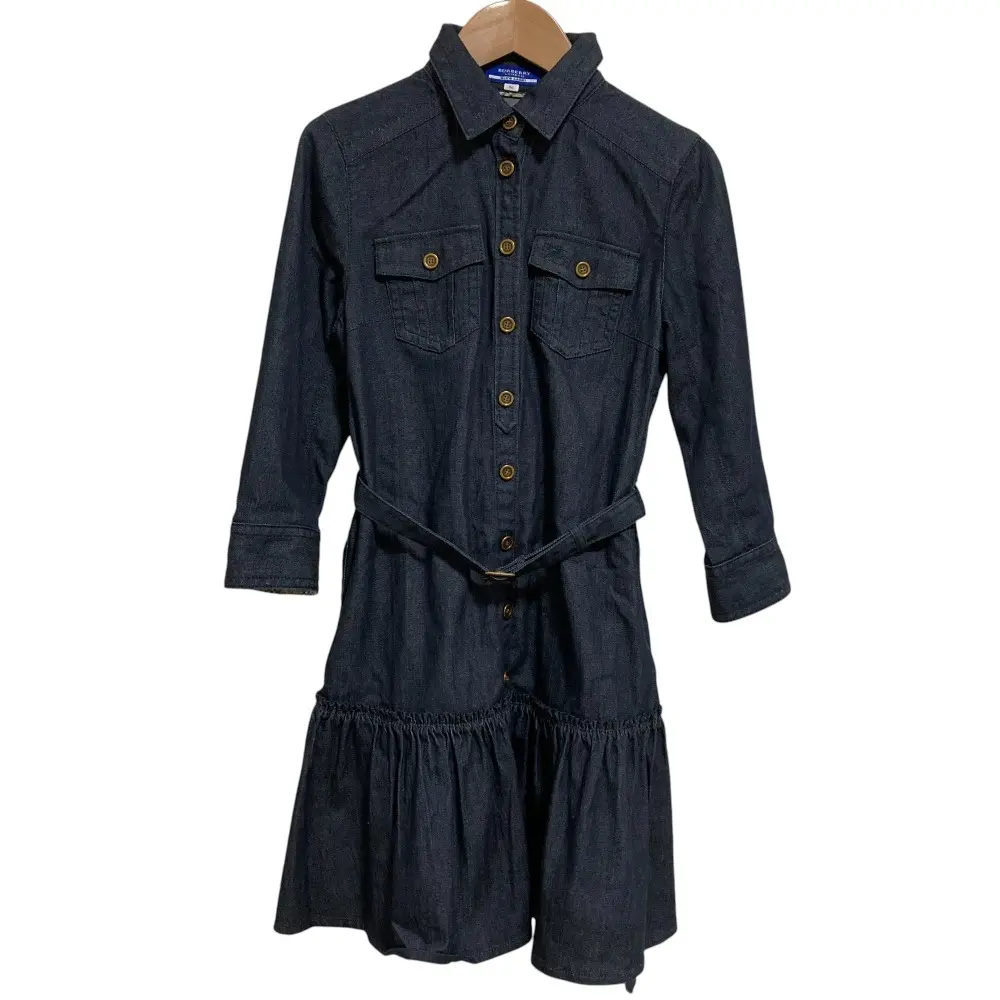 BURBERRY BLUE LABEL バーバリーブルーレーベル ストレッチ ベルト付き 七分袖 デニムワンピース サイズ36 ネイビー