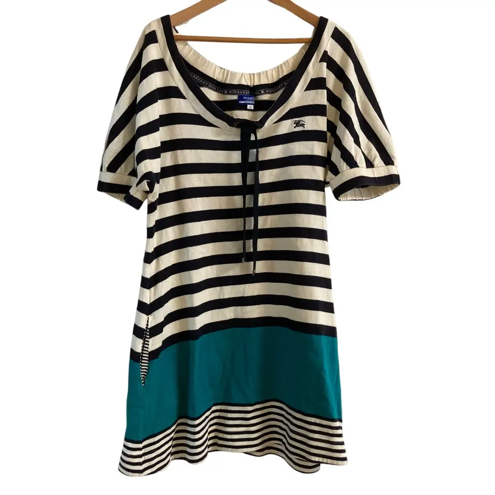 BURBERRY BLUE LABEL バーバリーブルーレーベル ボーダーチュニックワンピース ネイビー オフホワイト サイズ38 グリーン