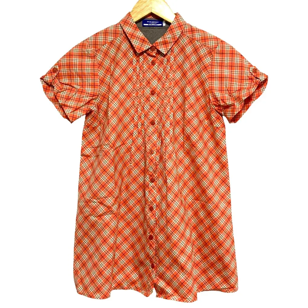 BURBERRY BLUELABEL バーバリー ブルーレーベル チェック柄 ショートスリーブ プリーツブラウス シャツ サイズ36 オレンジ