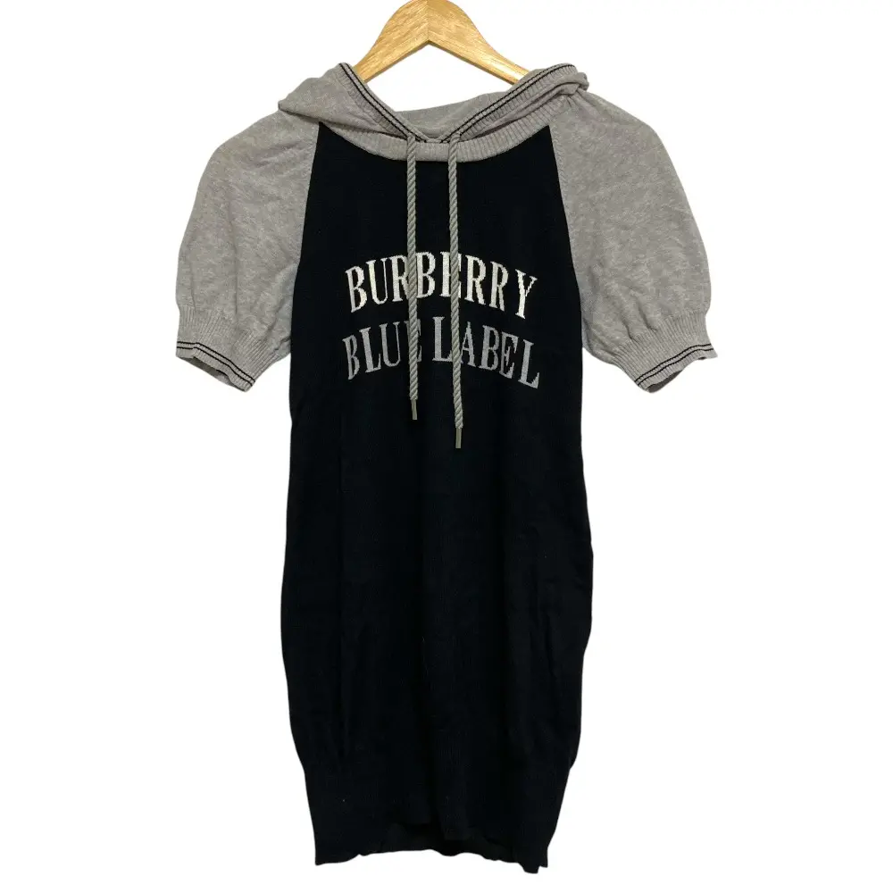 BURBERRY BLUELABEL バーバリー ブルーレーベル ロゴ フーディ ニットワンピース チュニック サイズ38 ブラック グレー