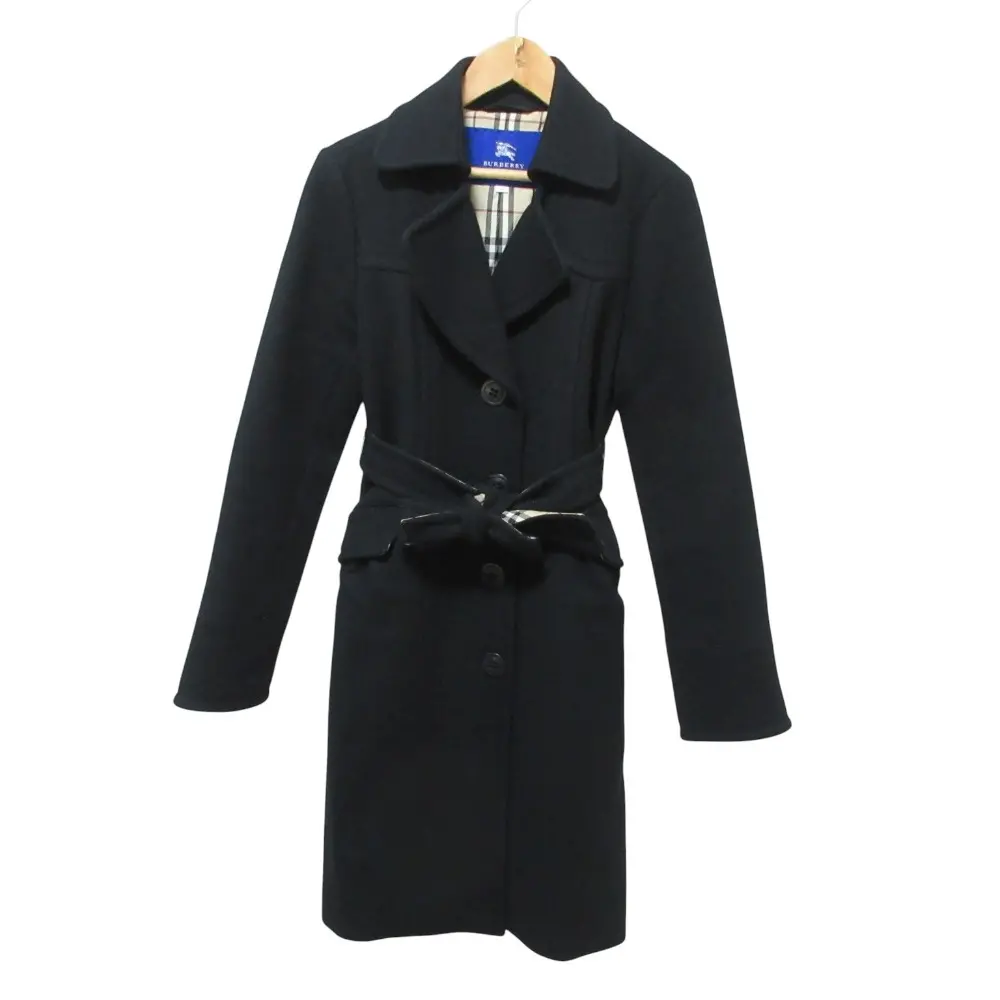 クリーニング済 BURBERRY BLUE LABEL バーバリーブルーレーベル 裏地ノバチェック柄 アンゴラブレンドウールコート 38 ブラック