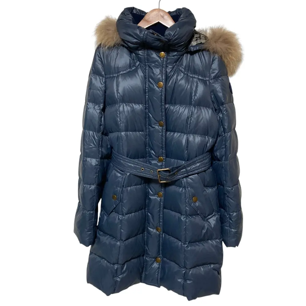 BURBERRY BLUE LABEL バーバリーブルーレーベル 裏地チェック ベルテッド ロングダウンコート 40 ネイビー