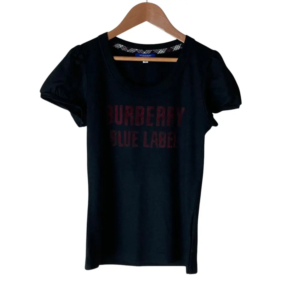BURBERRY BLUE LABEL バーバリー ブルーレーベル フロッキーロゴプリント フレンチスリーブ カットソー 38 ブラック