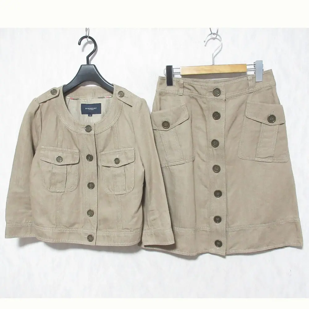 BURBERRY LONDON バーバリーロンドン リネンコットン ノーカラージャケット スカート セットアップ サイズ40/38 ブラウン
