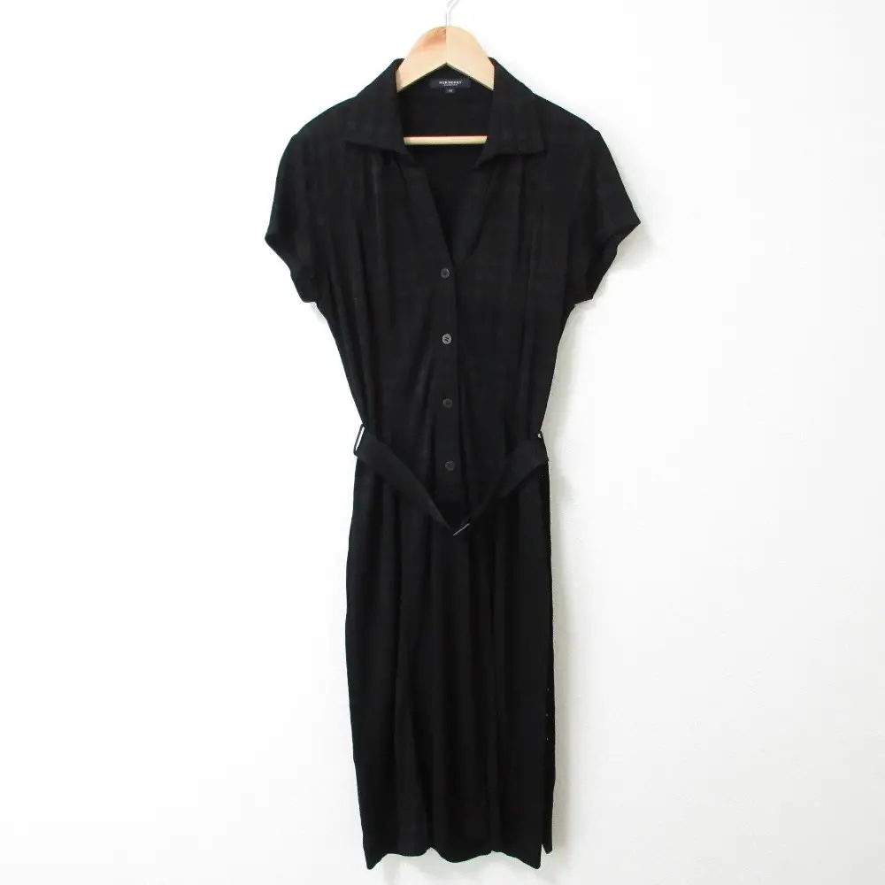 BURBERRY バーバリーロンドン シャドーチェック ストレッチ ウエストマーク ベルト付き ひざ丈 ジャージーワンピース 38 ブラック