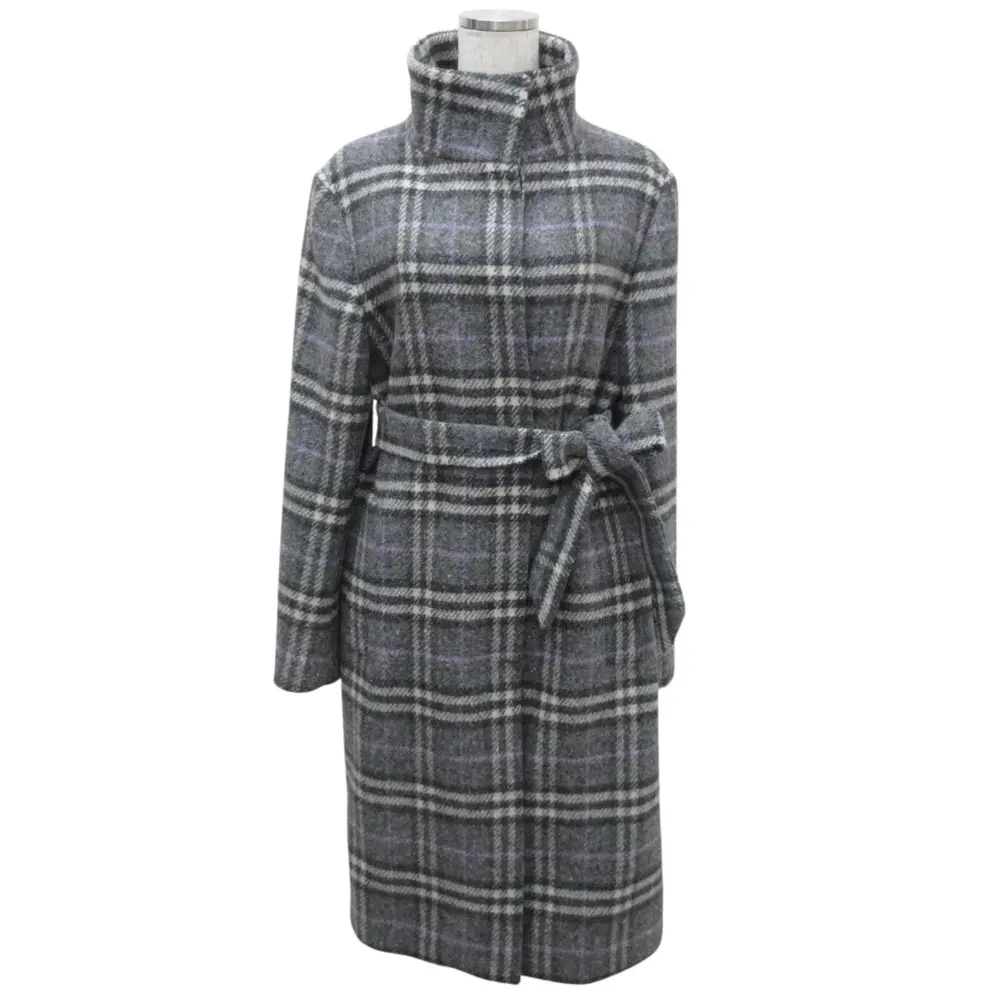 BURBERRY LONDON バーバリーロンドン チェック柄 ウール ベルテッド スタンドカラーコート I40 グレー×パープル