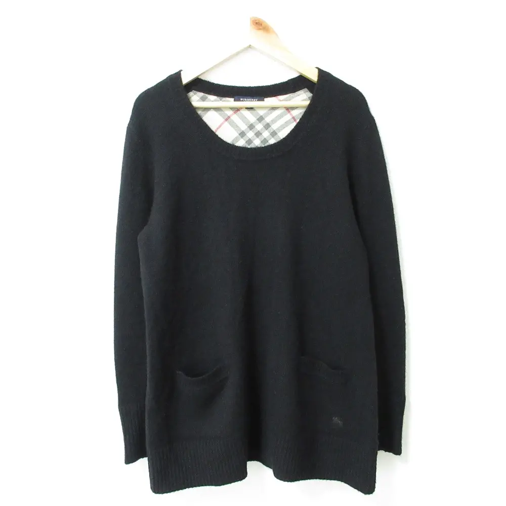 BURBERRY LONDON バーバリーロンドン 裏地ノバチェック柄 カシミヤ100% 長袖 ポケット付き ニット セーター 2 ブラック