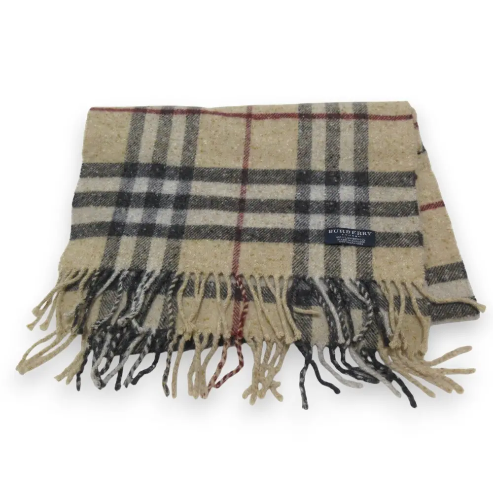 BURBERRY LONDON バーバリーロンドン ウール100％ ノバチェック ミックスニット フリンジ 大判マフラー ベージュ系