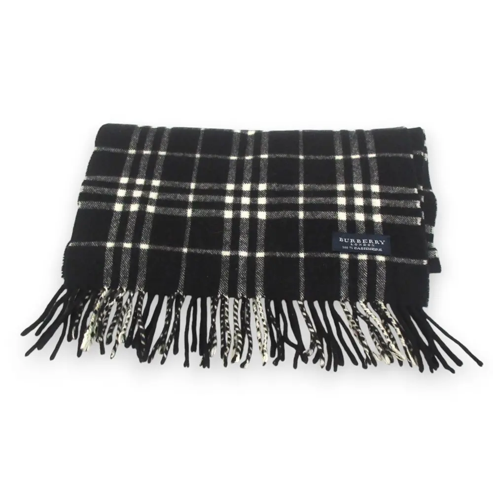 BURBERRY LONDON バーバリーロンドン カシミヤ100％ チェック柄 フリンジ マフラー ブラック×アイボリー